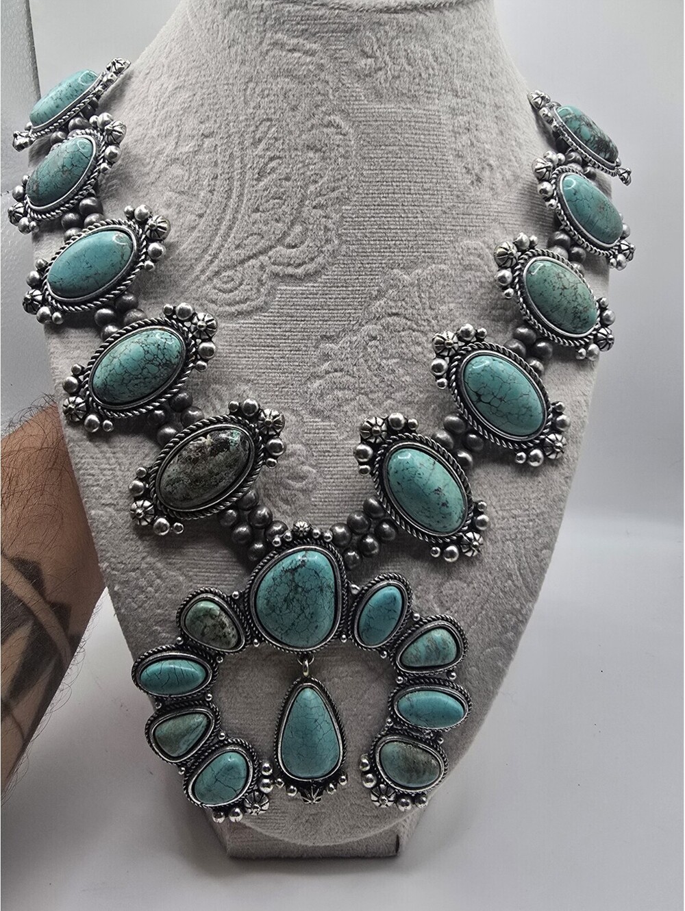 Western Style Squash Blossom Faux Turquoise Necklace With Silver Tone Up To 28"